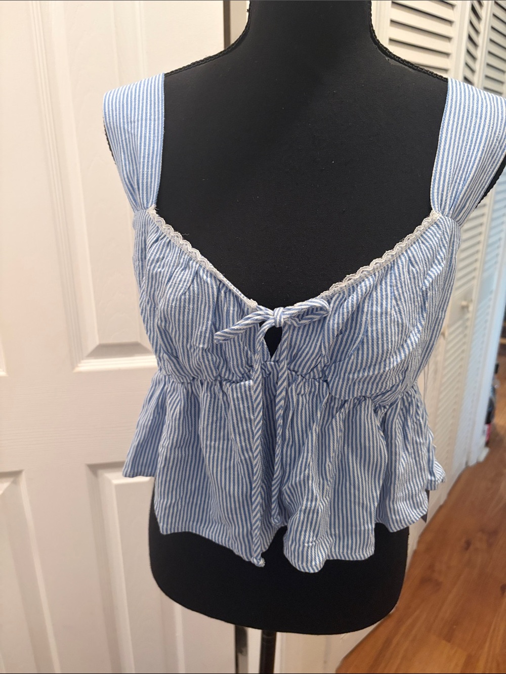 Sienna Sky Babydoll Blue Striped Tie-Front Women’s Tank Top
